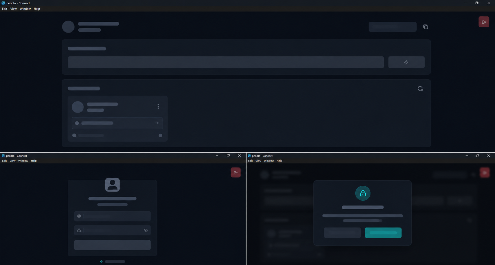 secure remote desktop connection interface showing encrypted session, network connectivity, teal and dark theme technology UI