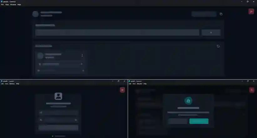 secure remote desktop connection interface showing encrypted session, network connectivity, teal and dark theme technology UI