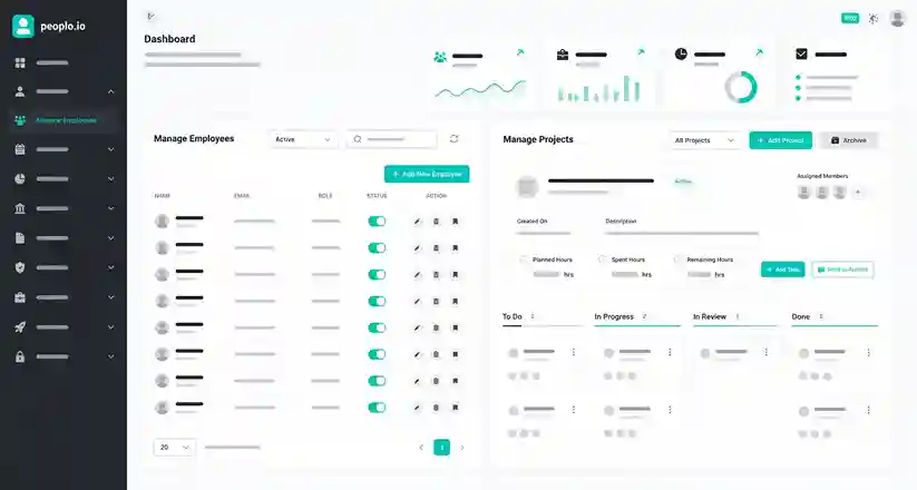 modern HR management dashboard interface showing employee cards, leave management, and workforce analytics