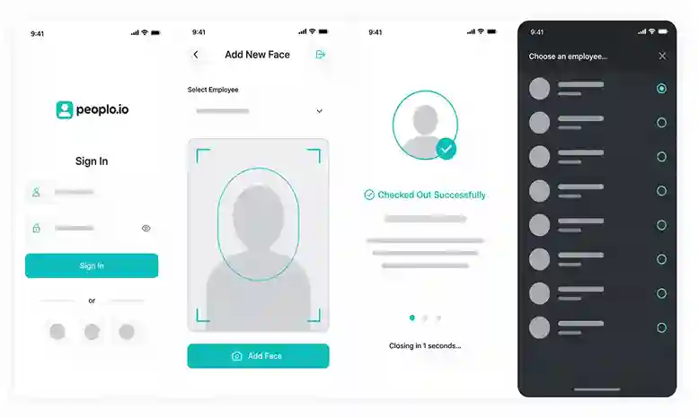 facial recognition attendance system interface with AI face scan technology, modern blue UI, showing biometric authentication screen