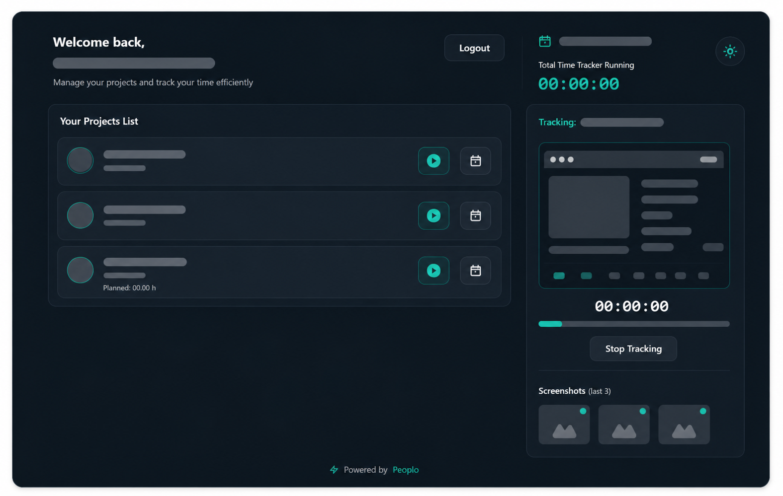 productivity tracking dashboard with activity charts, time analytics, purple theme, modern work monitoring interface