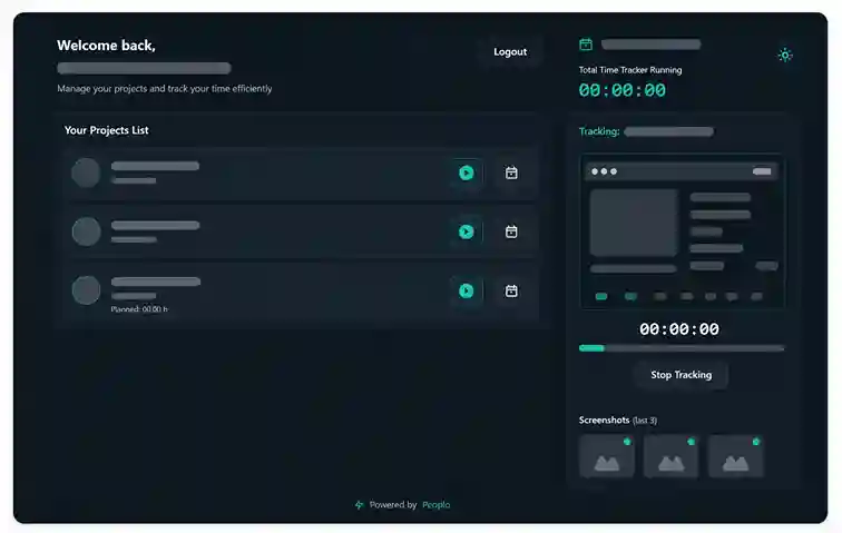 productivity tracking dashboard with activity charts, time analytics, purple theme, modern work monitoring interface